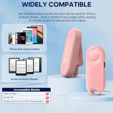 Oresoc RF Remote Control Page Turner for Kindle Paperwhite,Kindle Accessories Remote Photo and Video for E-Book iPhone iPad Android Tablets Reading Novels Comics Remote Control Extenders(Pink)