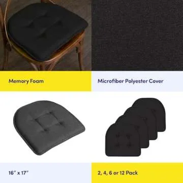 Comfortable Memory Foam Chair Cushions - Non-Slip Black - 6 Pack