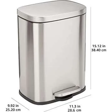 Amazon Basics Smudge Resistant Small Rectangular Trash Can With Soft-Close Foot Pedal, for Bathroom/ Living room, Brushed Stainless Steel,12 Liter/3.1 Gal, Satin Nickel Finish,11.3"L x 9.9"W x 15.1"H