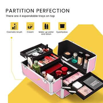 VIVOHOME 4 in 1 Makeup Rolling Train Case Aluminum Trolley Professional Cosmetic Organizer Box with Shoulder Straps 2 Keys Pink(Cosmetic are not included)