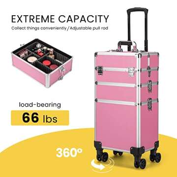 VIVOHOME 4 in 1 Makeup Rolling Train Case Aluminum Trolley Professional Cosmetic Organizer Box with Shoulder Straps 2 Keys Pink(Cosmetic are not included)