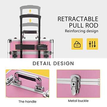 VIVOHOME 4 in 1 Makeup Rolling Train Case Aluminum Trolley Professional Cosmetic Organizer Box with Shoulder Straps 2 Keys Pink(Cosmetic are not included)