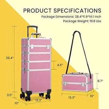 VIVOHOME 4 in 1 Makeup Rolling Train Case Aluminum Trolley Professional Cosmetic Organizer Box with Shoulder Straps 2 Keys Pink(Cosmetic are not included)