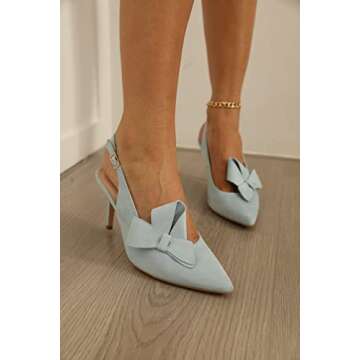 PiePieBuy Womens Pointed Toe Slingback Pumps Mid Heel Bow Stilettos Sandals Faux Suede Wedding Party Dress Shoes Blue