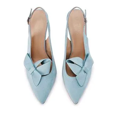 PiePieBuy Womens Pointed Toe Slingback Pumps Mid Heel Bow Stilettos Sandals Faux Suede Wedding Party Dress Shoes Blue