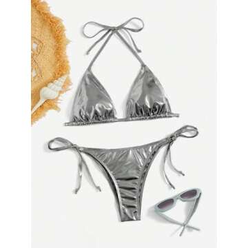 GORGLITTER Women's Metallic Triangle Bikini Top Halter Tie Side Swimsuit Set 2 Piece Bathing Suits Silver Small