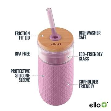 Ello Devon 18oz Glass Tumbler with Straw, Friction Fit Bamboo Wood Lid and Silicone Sleeve | Perfect...