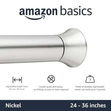 Amazon Basics Easy to Install Spring Tension Curtain Rod, Adjustable 24-36" Width - Nickel, Classic Finial, 7 Pound Weight Capacity