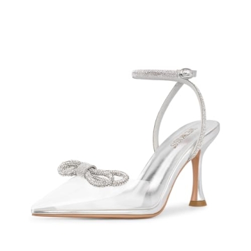wetkiss Silver Heels for Women Dress Shoes Wedding Shoes for Bride Silver Rhinestone Heels for Women...