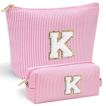 YOOLIFE Personalized Pink Initial Makeup Bag Set - Perfect Gift for Girls, Teens, and Teachers