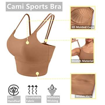 Lemedy Molded Cup Sports Bra Medium Impact Padded Longline Cami Crop Tank Tops (Coffee Brown, S)