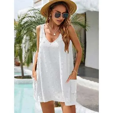 Blooming Jelly Womens Bathing Suit Cover Ups Casual Summer Dresses Sleeveless Mini Beach Dress (Medium, White)