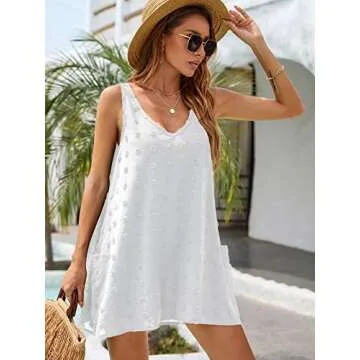 Blooming Jelly Womens Bathing Suit Cover Ups Casual Summer Dresses Sleeveless Mini Beach Dress (Medium, White)
