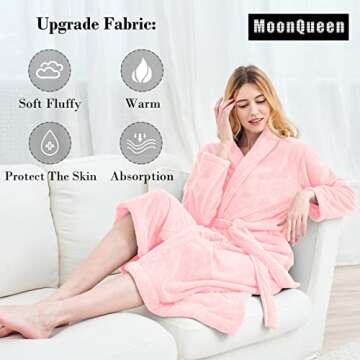 MOONQUEEN Womens Bathrobe - Ultra Absorbent - Shawl Collar Soft Plush Fuzzy Spa Robe for women - Not Shed Fuzzy (Large, Pink)