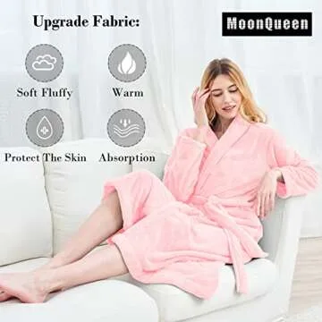 MOONQUEEN Womens Bathrobe - Ultra Absorbent - Shawl Collar Soft Plush Fuzzy Spa Robe for women - Not Shed Fuzzy (Large, Pink)