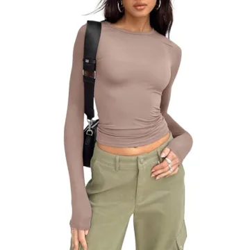 Trendy Queen Womens Long Sleeve Shirts Basic Crop Tops Tight Slim Fit Cute Teen Girls Fall Winter Y2...