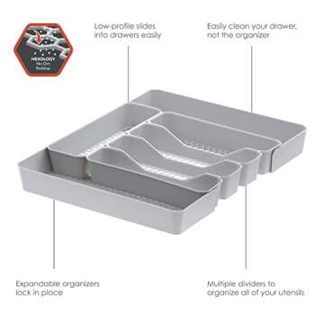 Spectrum HEXA 5-Divider Expandable Silverware Tray (Stone Gray) - In-Drawer Organizer for Kitchen Accessories, Cutlery, Knives, & More / Easy-to-Clean Home & Apartment Essential