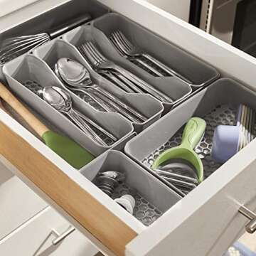 Spectrum HEXA 5-Divider Expandable Silverware Tray (Stone Gray) - In-Drawer Organizer for Kitchen Accessories, Cutlery, Knives, & More / Easy-to-Clean Home & Apartment Essential