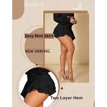Avidlove Mini Skirt for Women Sexy Solid Ruffle Trim Lingerie Skirt Short High Waist Two Layer Hem Skirt(Black,L)