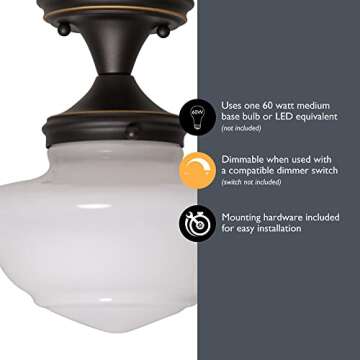 Design House 577502 Schoolhouse Semi Flush Mount Modern Vintage Farmhouse Indoor Dimmable Ceiling Light with White Glass for Entryway Hallway Kitchen Dining Bar Area, Oil Rubbed Bronze