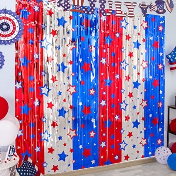 LOLStar 4th of July Decorations, Red White Blue 3 Pack America Star Tinsel Foil Fringe Curtains, Pho...