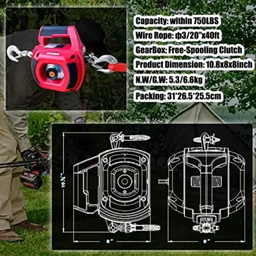 YATOINTO Portable Drill Winch 750 LB Pulling Capacity with 40 Feet Alloy Steel Wire Rope | Hand Winch for Lifting & Dragging