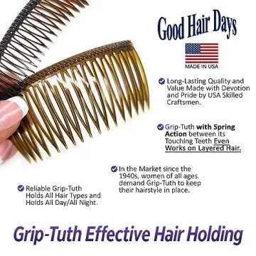 Good Hair Days Grip-Tuth Combs - Set Of 2 Hair Side Combs - Hair Combs For All Types Of Hair - Decorative & Hair Styling Women Accessories (Clear, 3 ¼ ″ Wide)