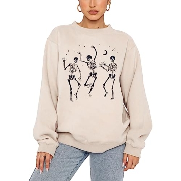 GLIGLITTR Women's Halloween Dancing Skeleton Sweatshirt - Cozy & Fun Oversized Top in Apricot (Mediu...