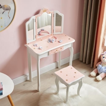 Nromant Kids Vanity Table with Tri-Folding Mirror and Drawer