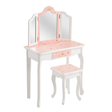 Nromant Kids Vanity Table with Tri-Folding Mirror and Drawer