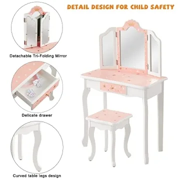 Nromant Kids Vanity Table with Tri-Folding Mirror and Drawer