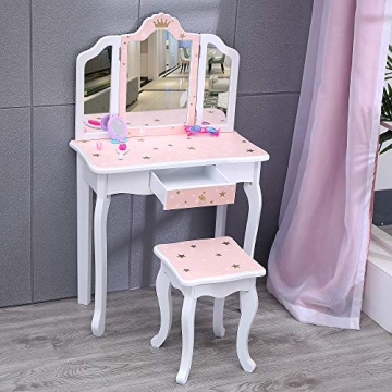 Nromant Kids Vanity Table with Tri-Folding Mirror and Drawer