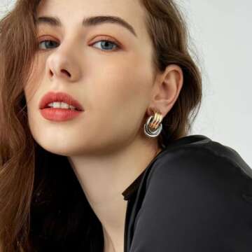 QJLE 6 Pairs Chunky Gold Earrings for Women Geometric Knot Statement Drop Dangle Earrings Two Tone G...