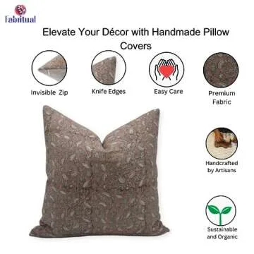 Fabritual Handmade Block Print 20X20 Thick Linen with Zipper Throw Floral Pillowcase Cushion Cover for Sofa Couch and Bed, Fall Decoration, Home Décor, Farmhouse, Living Room, Pishita, Rust