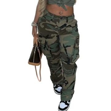 Casual Plus Size Camo Cargo Pants for Women - High Waist Slim Fit Jogger with Pockets