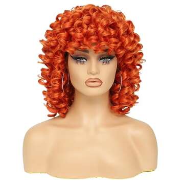 DZtineke 14 Inch Curly Wigs for Black Women Short Curly Wig with Bangs Big Loose Cute Kinky Curly Hair Synthetic Soft Wigs for Daily Party Cosplay (Ginger)