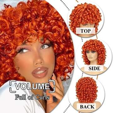 DZtineke 14 Inch Curly Wigs for Black Women Short Curly Wig with Bangs Big Loose Cute Kinky Curly Hair Synthetic Soft Wigs for Daily Party Cosplay (Ginger)