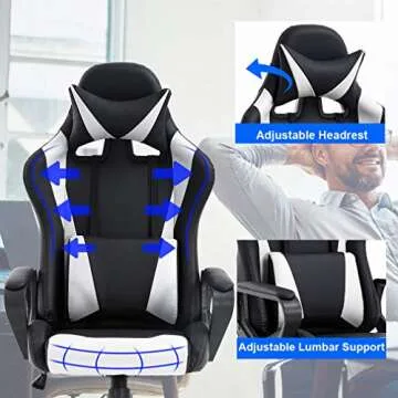 Gaming Chair Massage Office Chair Racing Chair with Lumbar Support Arms Headrest High Back PU Leather Ergonomic Desk Chair Rolling Swivel Adjustable PC Computer Chair for Women Adults Girls(White)