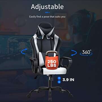 Gaming Chair Massage Office Chair Racing Chair with Lumbar Support Arms Headrest High Back PU Leather Ergonomic Desk Chair Rolling Swivel Adjustable PC Computer Chair for Women Adults Girls(White)