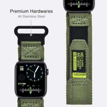 Nereides Compatible with Apple Watch Series 10 Band Series 9/8/7/6/5/4/SE/SE2/Ultra 1/2, Nylon Sports Strap with Woven Design for 49mm/46mm/45mm/44mm (L, Army Green)