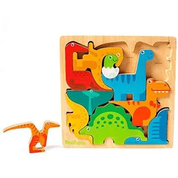 Dinosaur Puzzle 3D Wood Jigsaw for Toddlers & Kids Age 3 +, 9”x 9” x .5”, Bright Colorful Shap...