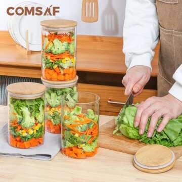ComSaf 25oz Glass Food Storage Jars Set of 6, Clear Glass Storage Containers with Lids, Pantry Organization Jar, Spice Jar, Blooming Tea, Coffee and Sugar Container, Small Canister Set for Kitchen