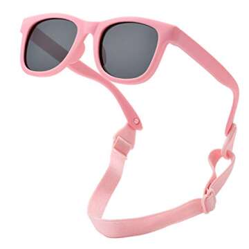 Bouryo Flexible Polarized Baby Sunglasses with Strap Adjustable for Toddler 0-24 Months (Black/Black+ Pink/Black)