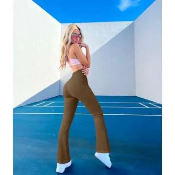 OQQ Women's 2 Piece Yoga Pants Ribbed Seamless Workout High Waist Cross Over Bell Bottoms Exercise Flare Leggings Black Coffee