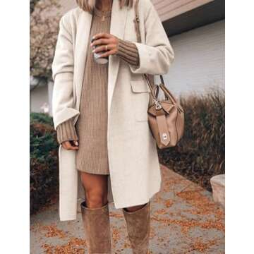 Hooever Women's Long Cardigan Wool Coat Open Front Pockets Warm Lapel Jacket Coat 2024 Fall Outerwear (Beige-L)
