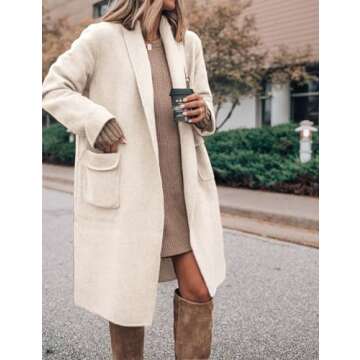 Hooever Women's Long Cardigan Wool Coat Open Front Pockets Warm Lapel Jacket Coat 2024 Fall Outerwear (Beige-L)