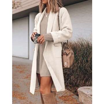 Hooever Women's Long Cardigan Wool Coat Open Front Pockets Warm Lapel Jacket Coat 2024 Fall Outerwear (Beige-L)