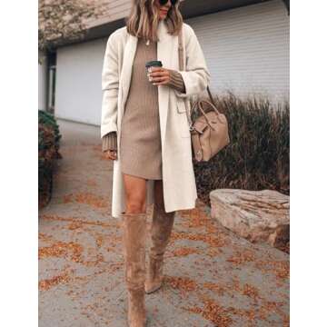 Hooever Women's Long Cardigan Wool Coat Open Front Pockets Warm Lapel Jacket Coat 2024 Fall Outerwear (Beige-L)