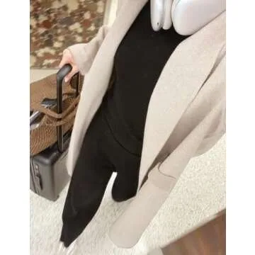 Hooever Women's Long Cardigan Wool Coat Open Front Pockets Warm Lapel Jacket Coat 2024 Fall Outerwear (Beige-L)