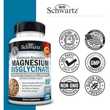 Magnesium Bisglycinate Chelated Supplement - High Absorption Magnesium Supplement for Muscle, Bone & Joint Support, Non-Laxative, Fully Buffered, Non-GMO, Maximum Bioavailability - 360 Capsules